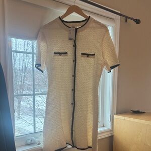 Chic Cream Short-Sleeve Dress with Black Trim